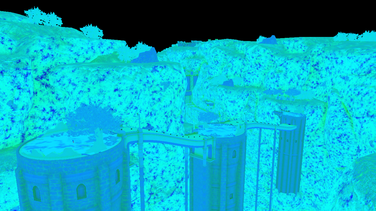 The specular, inverted smoothness and ambient occlusion buffer of Kingdom Valley in Shadow Generations