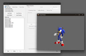 A view of the material editor for SonicGLVL showing an animated Sonic with game-accurate shaders.