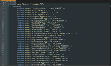 Converted bgm_miller.acb displayed in Notepad++ as an XML
